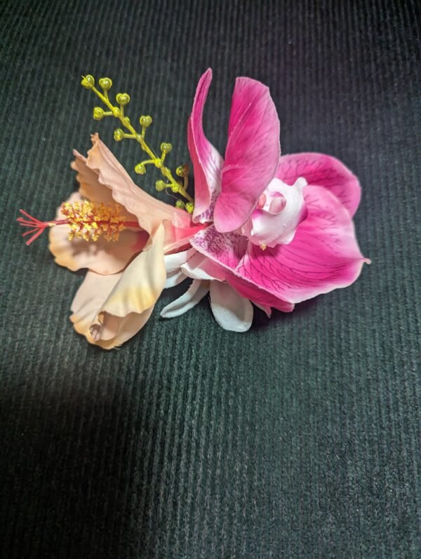 Peach Hibiscus, pink orchid and white plumeria
